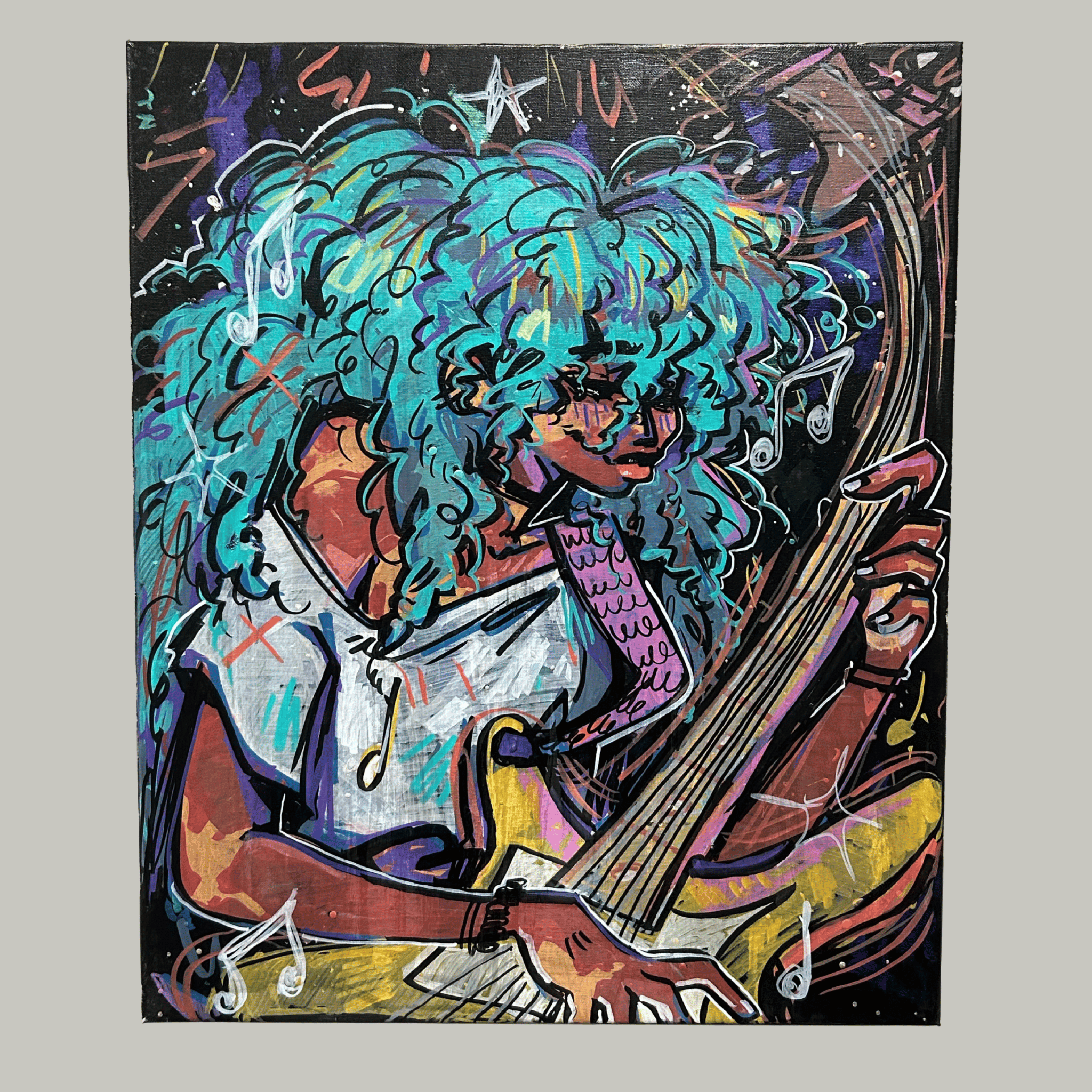 Colorful abstract artwork of a girl with vitiligo playing the guitar