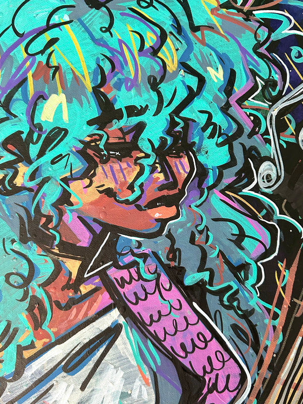 Colorful abstract artwork of a girl with vitiligo playing the guitar