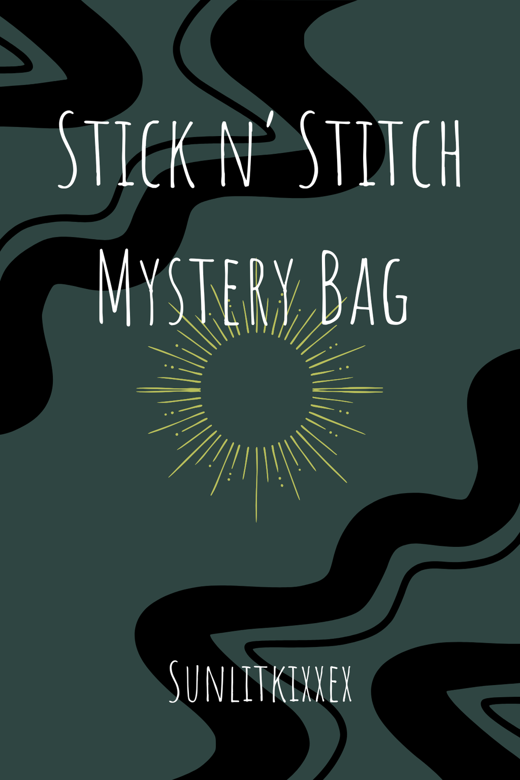 Promotional graphic for 'Stick n' Stitch Mystery Bag' with abstract designs on a dark green background.