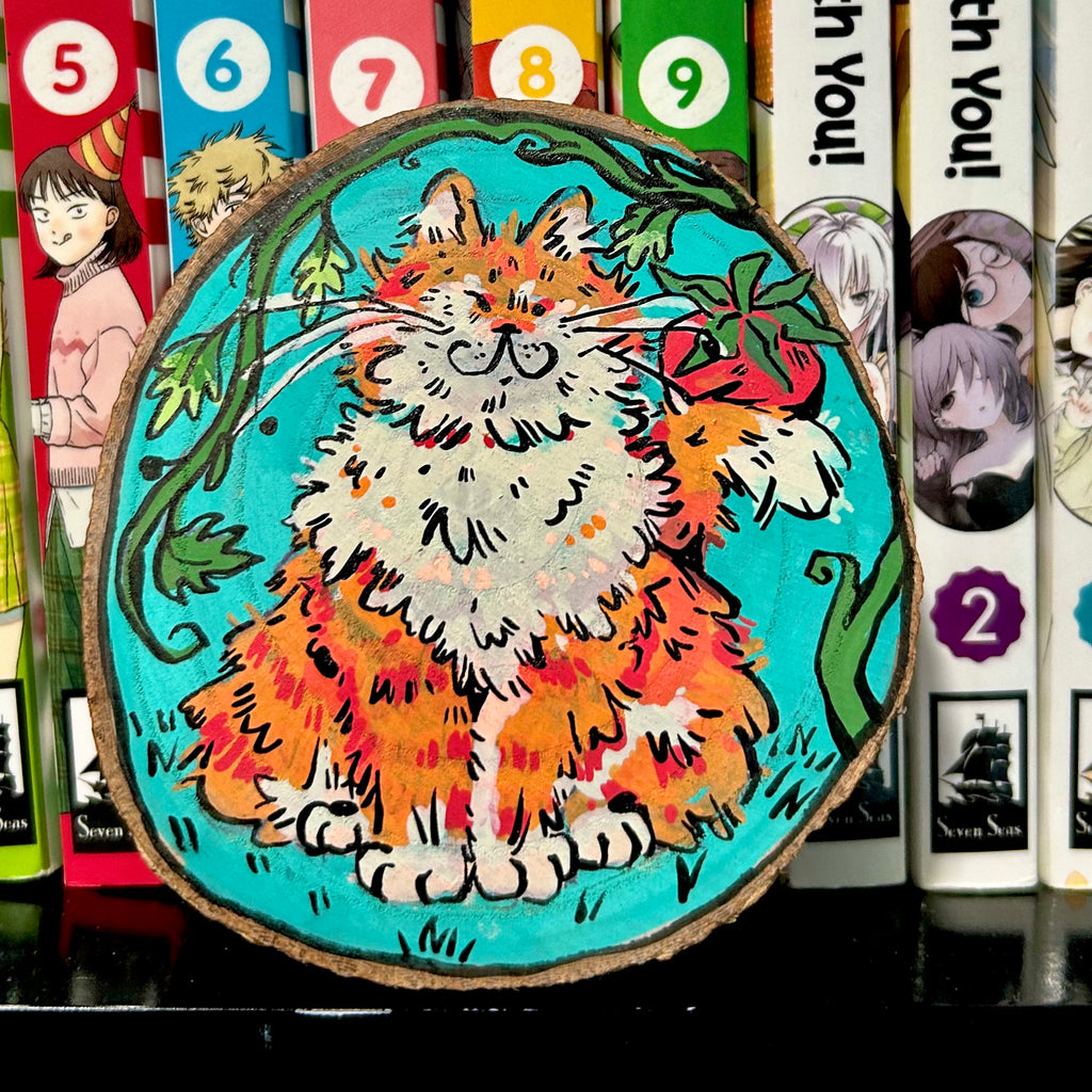 colorful acrylic  painting of a fully orange tabby holding a tomato decorative wooden coaster